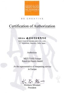 Certification of Authorization which authorizes Mizutani Europe as the representative of sharpening service in Europe | Mizutani Scissors