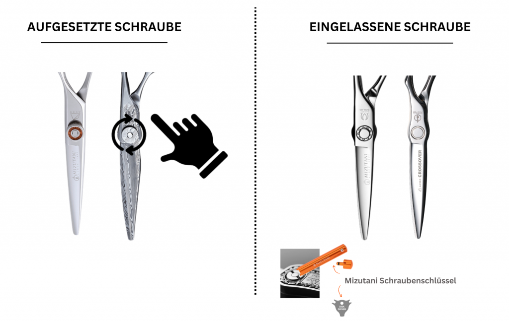 Mizutani Friseurscheren Aufgestzte Schraube & Eingelassenge Schraube Mizutani Schraubenschlüssel